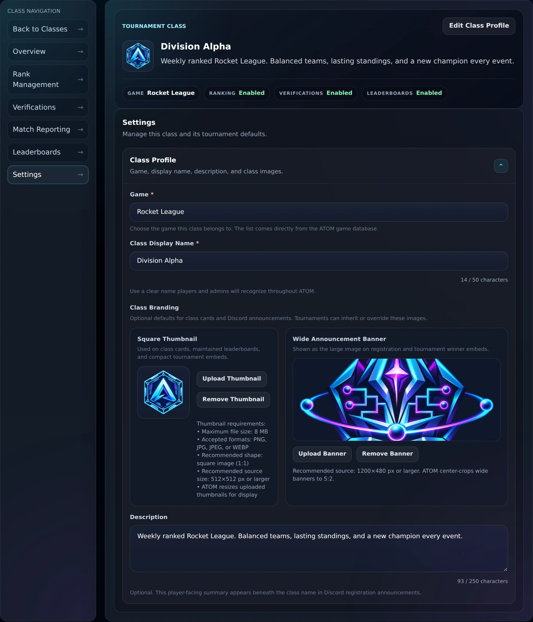 Native class settings with game, class name, description, square thumbnail, and wide announcement banner.