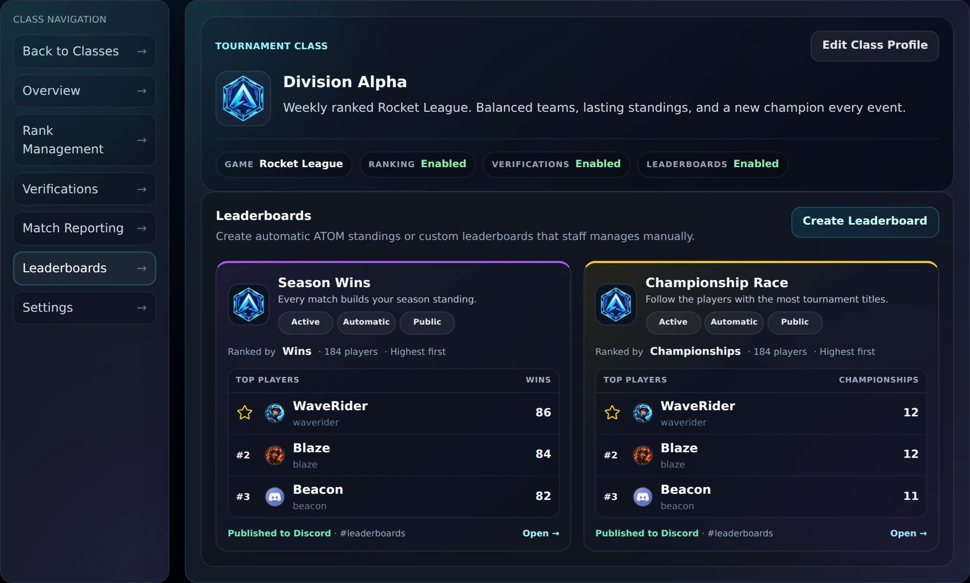 Native Season Wins and Championship Race leaderboard cards, each with 184 demo players, top-three standings, and Published to Discord status.
