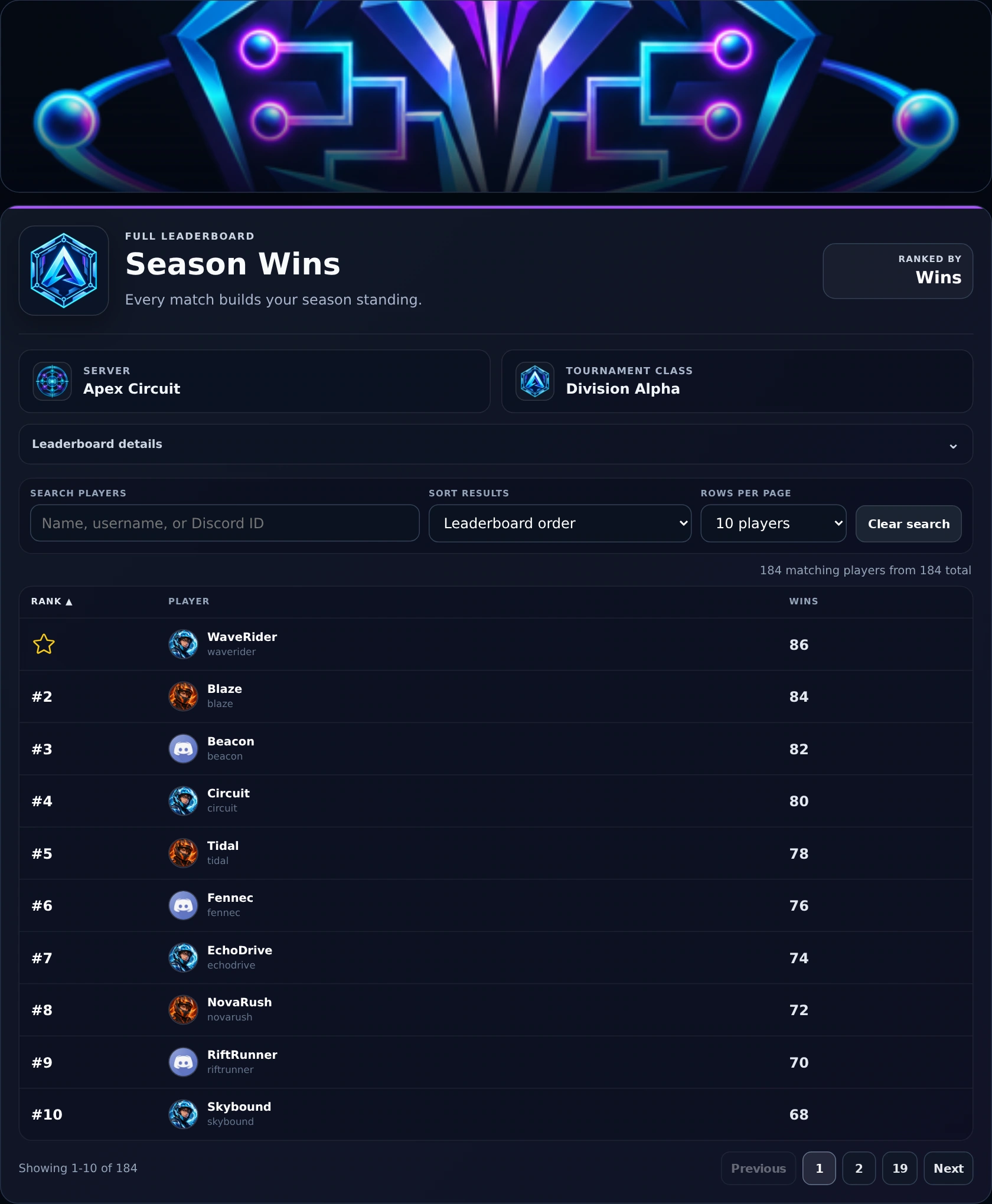 Native public Season Wins leaderboard with community branding, search, sorting, pagination, and 184 demo players.